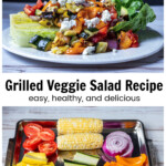 Romaine wedge with grilled vegetables over a tray of raw sliced vegetables.