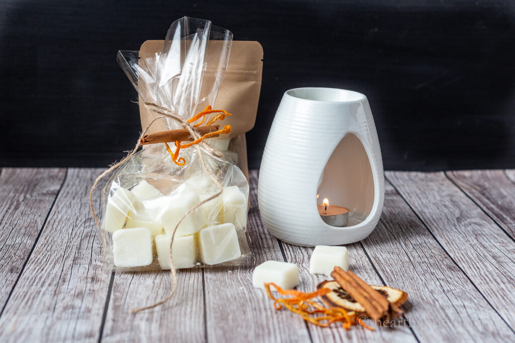 Wax burner, dried orange slice, peels and cinnamon stick, and bags of wax melts.