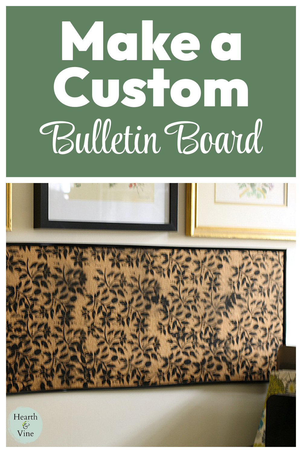 Wide floral cork bulletin board on a wall.