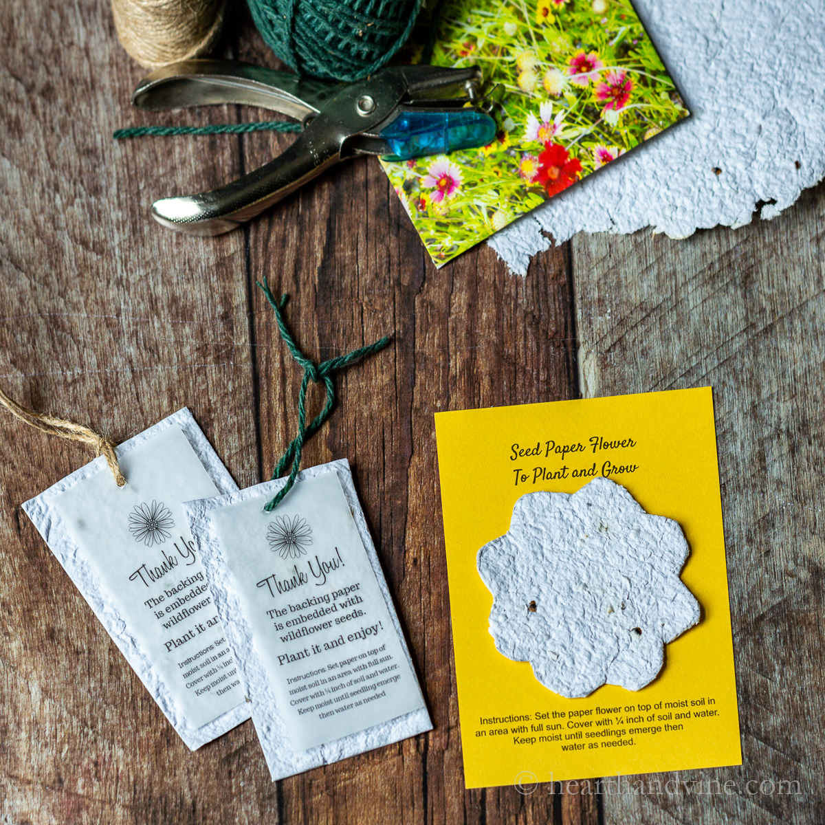 Seed paper tags, cards and twine, a paper punch and packet of seeds.