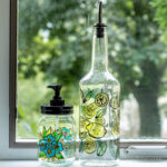 Stained glass bottle painting on a tall bottle and shorter soap dispenser