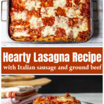 A pan of lasagna over a slice of the same.