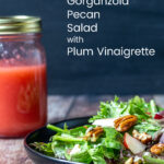 Fall salad with pears, gorgonzola cheese and pecans next to a plum vinaigrette