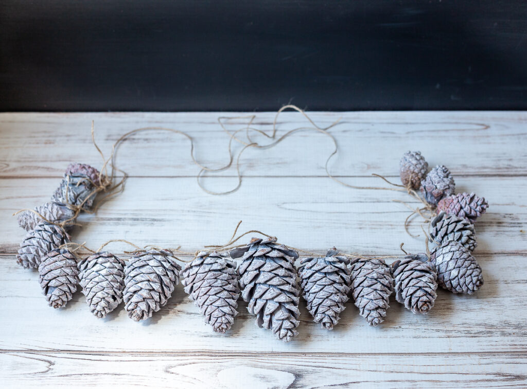 Whitewashed pinecone garland on the table.