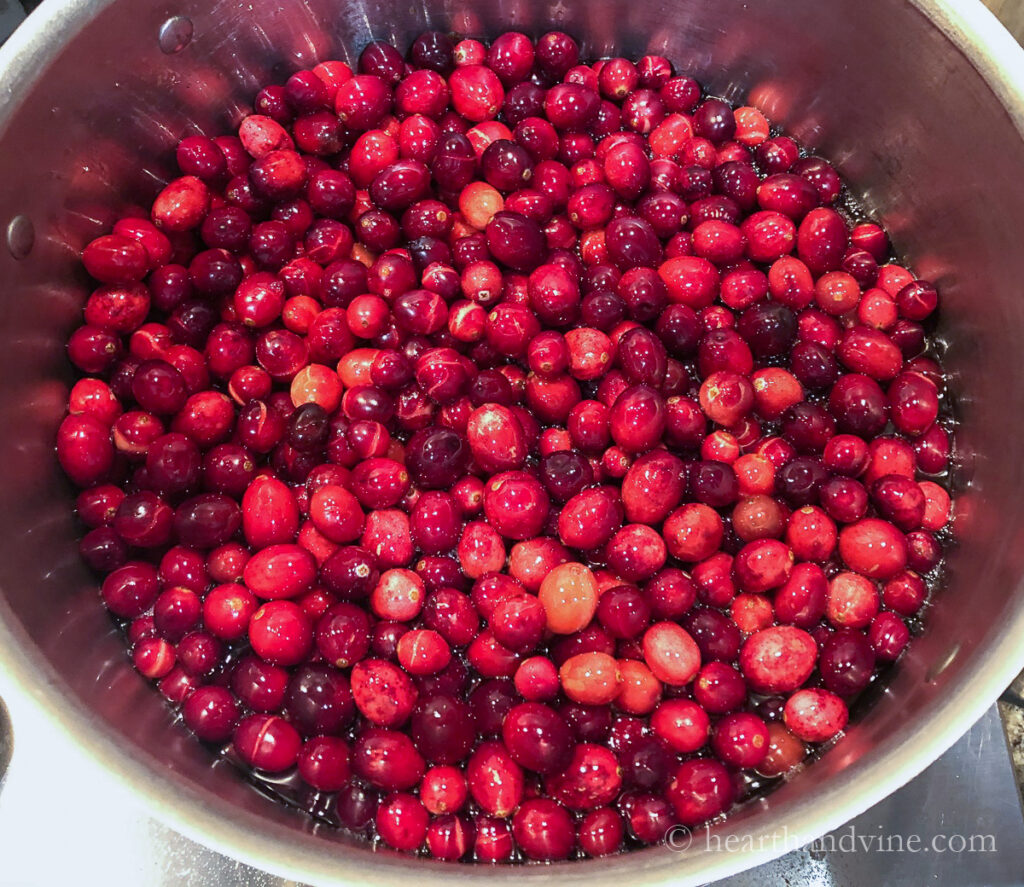 Pot of cranberries simmering.