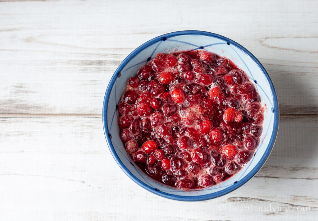 Bowl of chilled fresh homemade cranberry sauce.