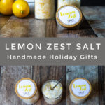 Lemons and jars of lemon zest salt from the side and top.