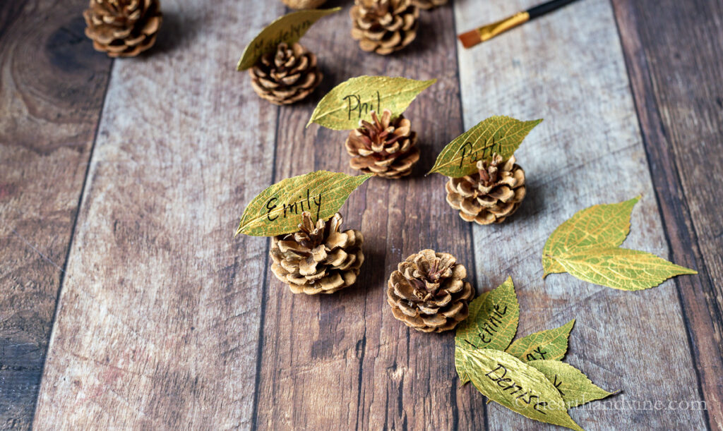 Gold leaf place cards on the table in pine cones
