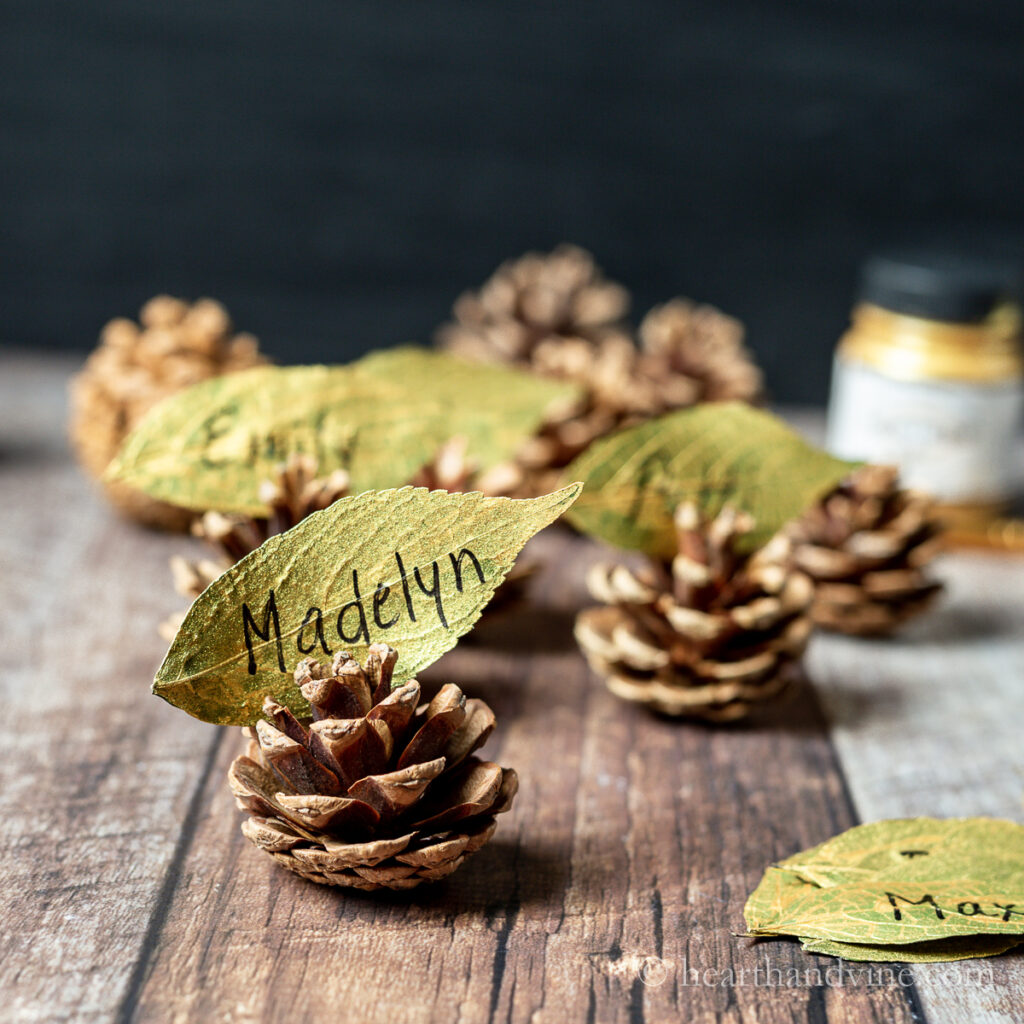 Leaf place cards from real leaves on pinecone holders.