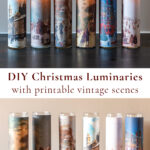 Six vintage winter scenes on lit glass candles over the same in daylight.