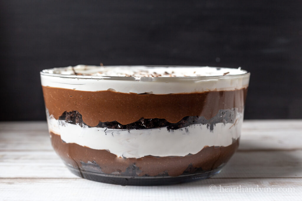 Side view of easy chocolate trifle showing all layers.