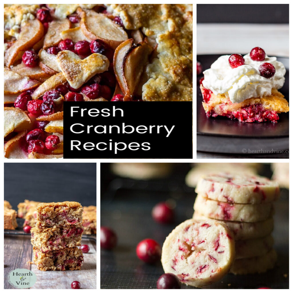 Collage of several cranberry recipes including a galette, dump cake, cookies and bars.