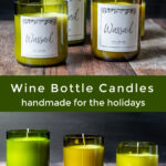 Trio of wine bottle candles with labels over same trio without labels.