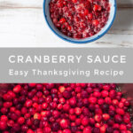 Bowl of cranberry sauce over a pot of fresh cranberries.