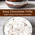 Side image of chocolate trifle showing layers over an image of the top of the same trifle.