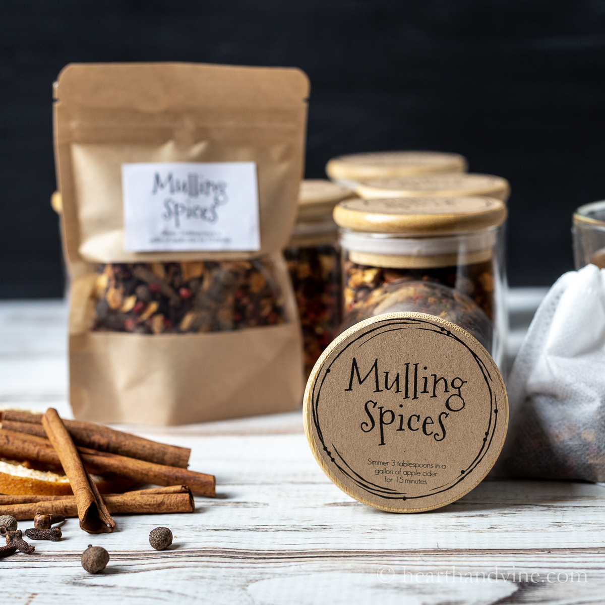 Jars and bags of mulling spices.