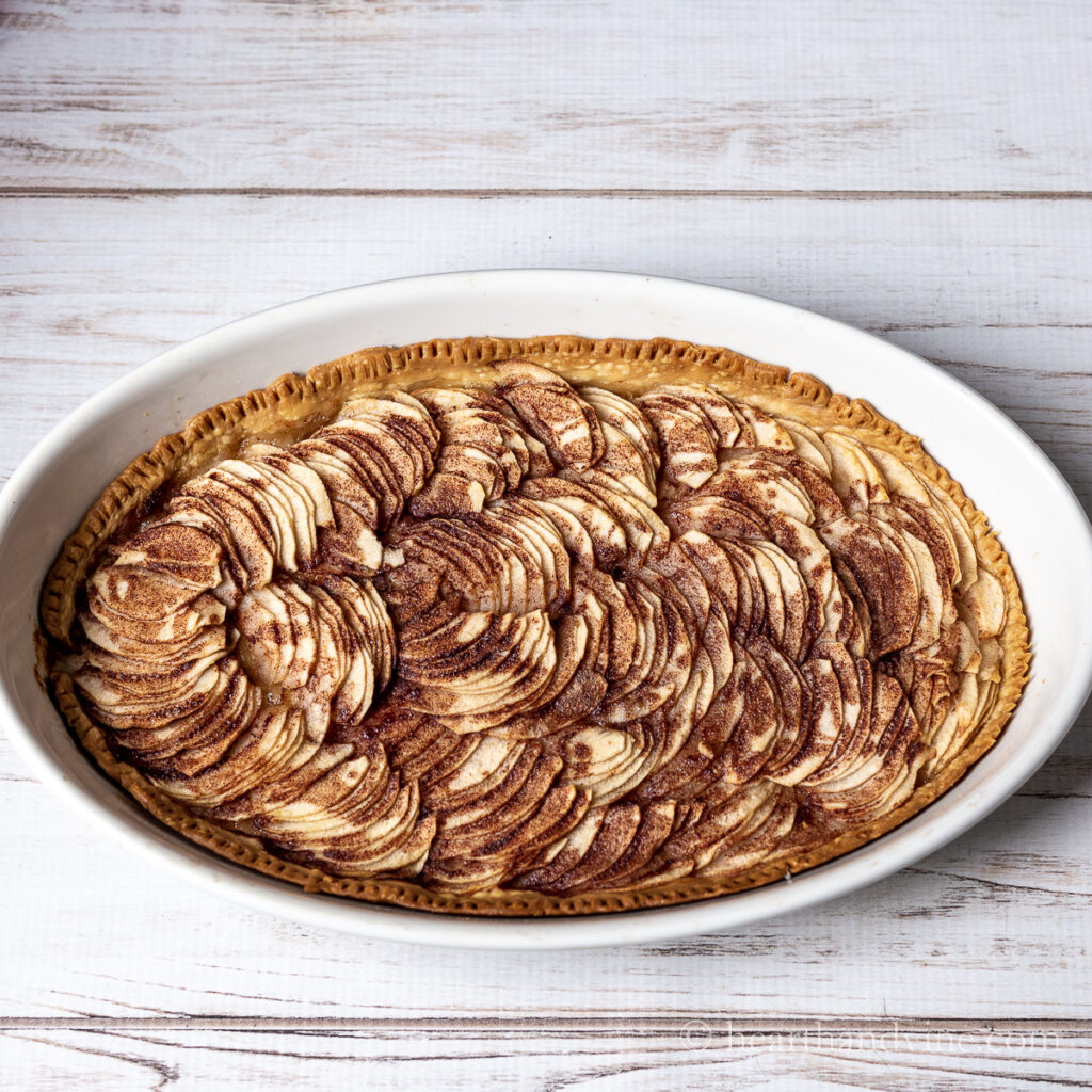 Oval baking dish with an easy apple tart.