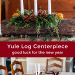 Yule log centerpiece over a holiday table set with red and white tableware and a decorated yule log.