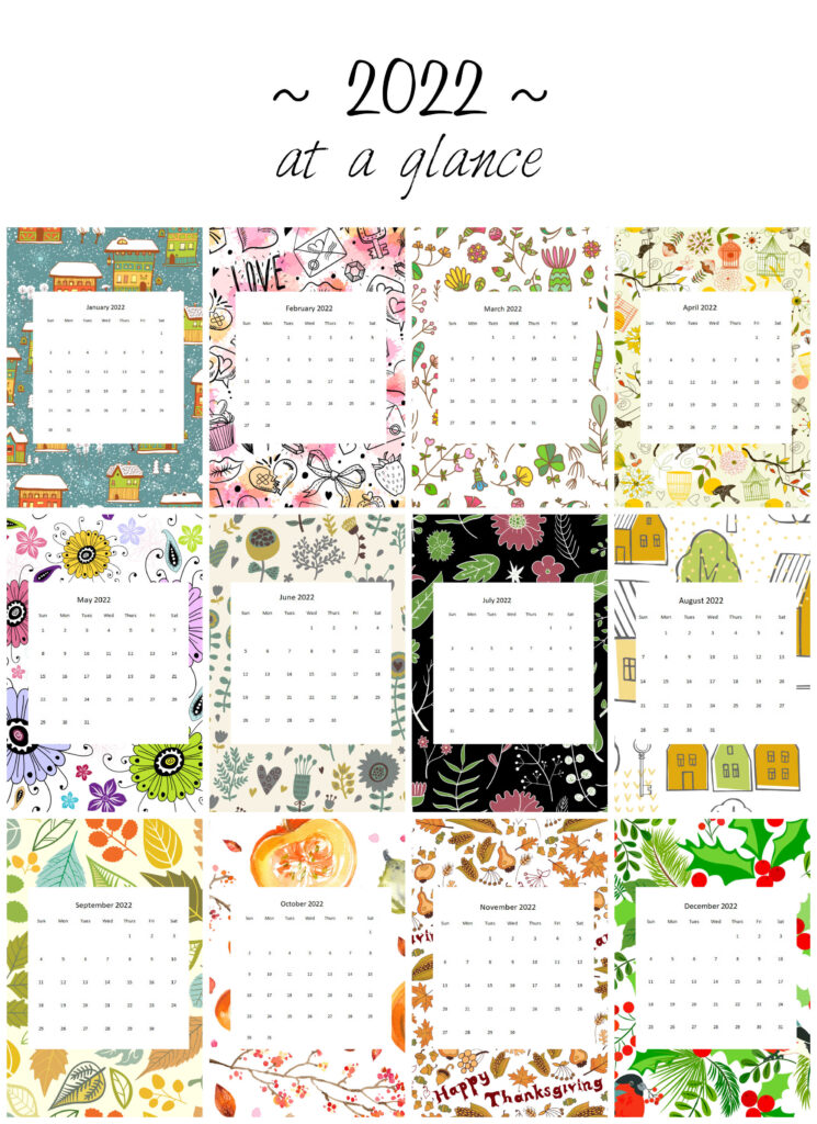 Year at a glance 2022 Monthly Calendars.