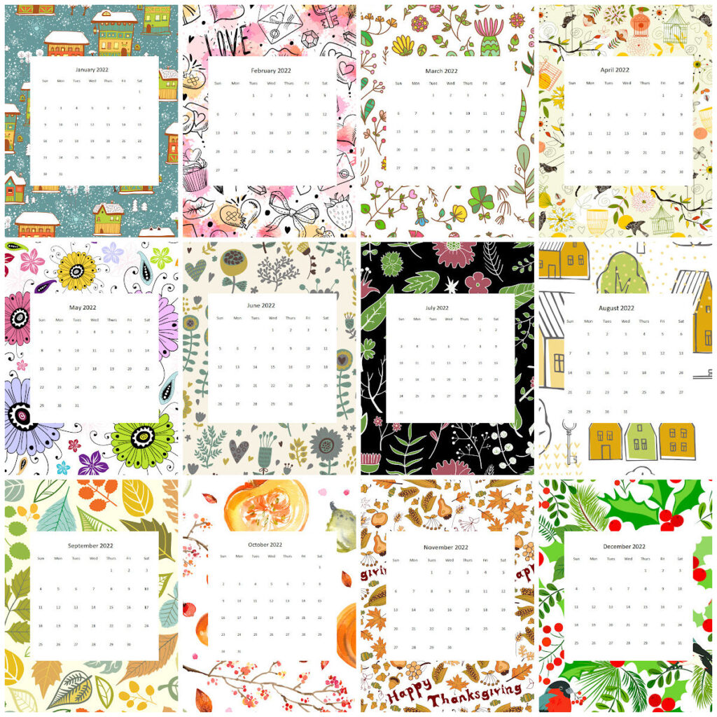 Collage of colorful monthly calendars for the year 2022.