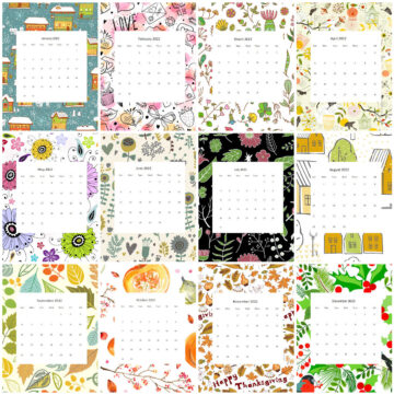2022 monthly calendars in bright colorful frames.