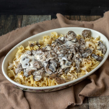 Serving dish with beef stroganoff