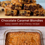 Stacked chocolate caramel blondies over a full pan of blondies.