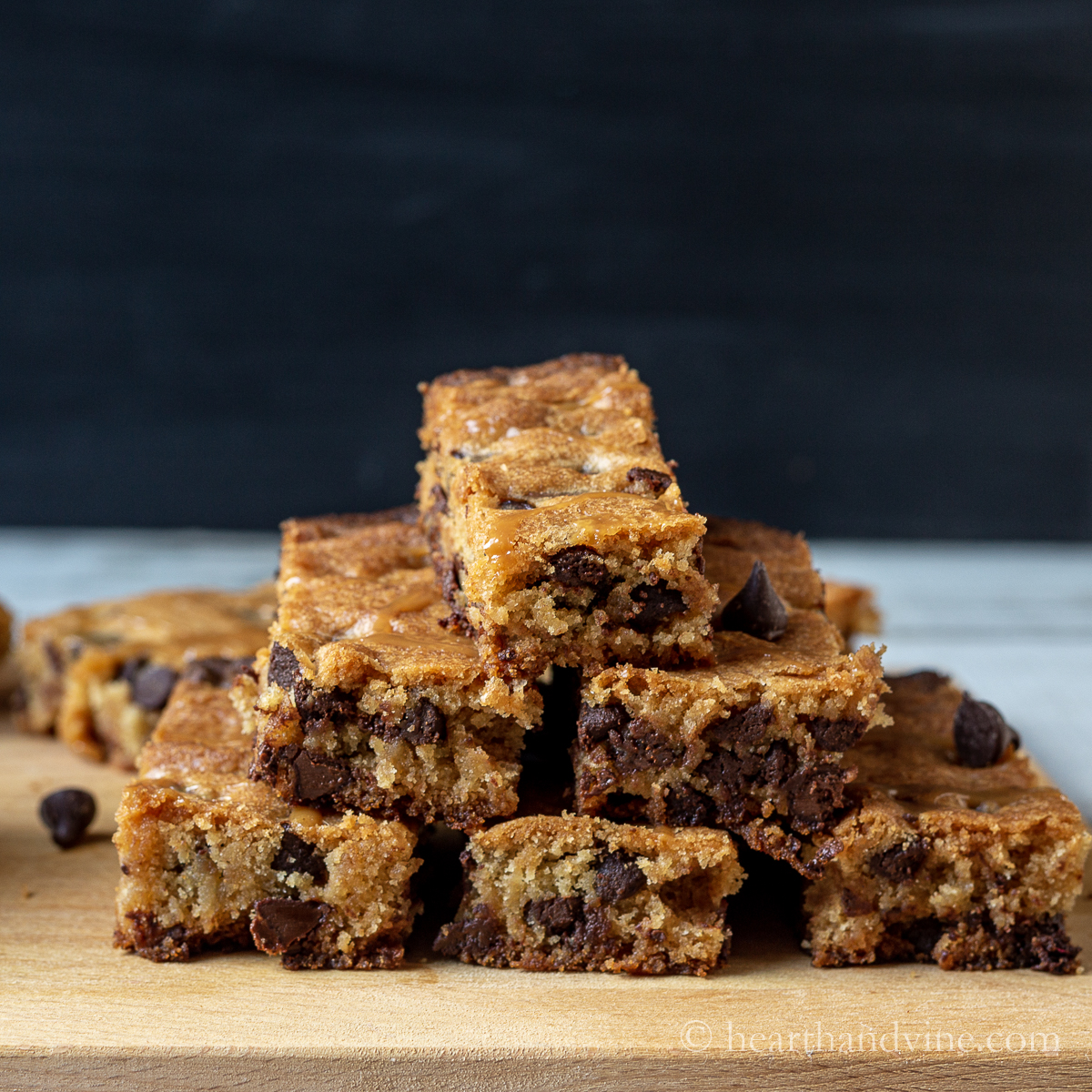 Stack of chocolate caramel blondie cookies