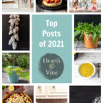 Collage of top blog posts including flower pot fountain, pressed flower luminary, faux pine cones.