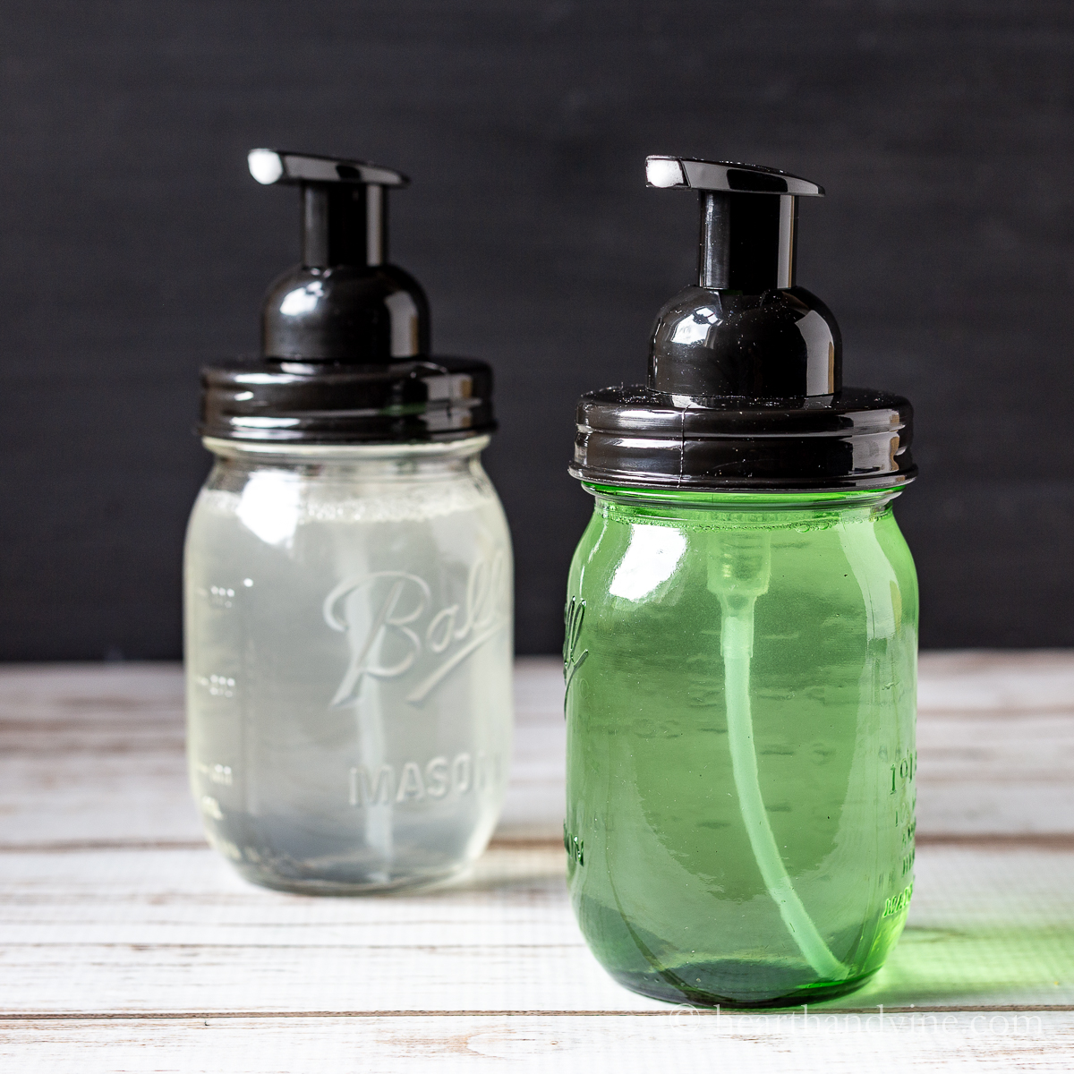 Foaming hand soap in a clear and green mason jar