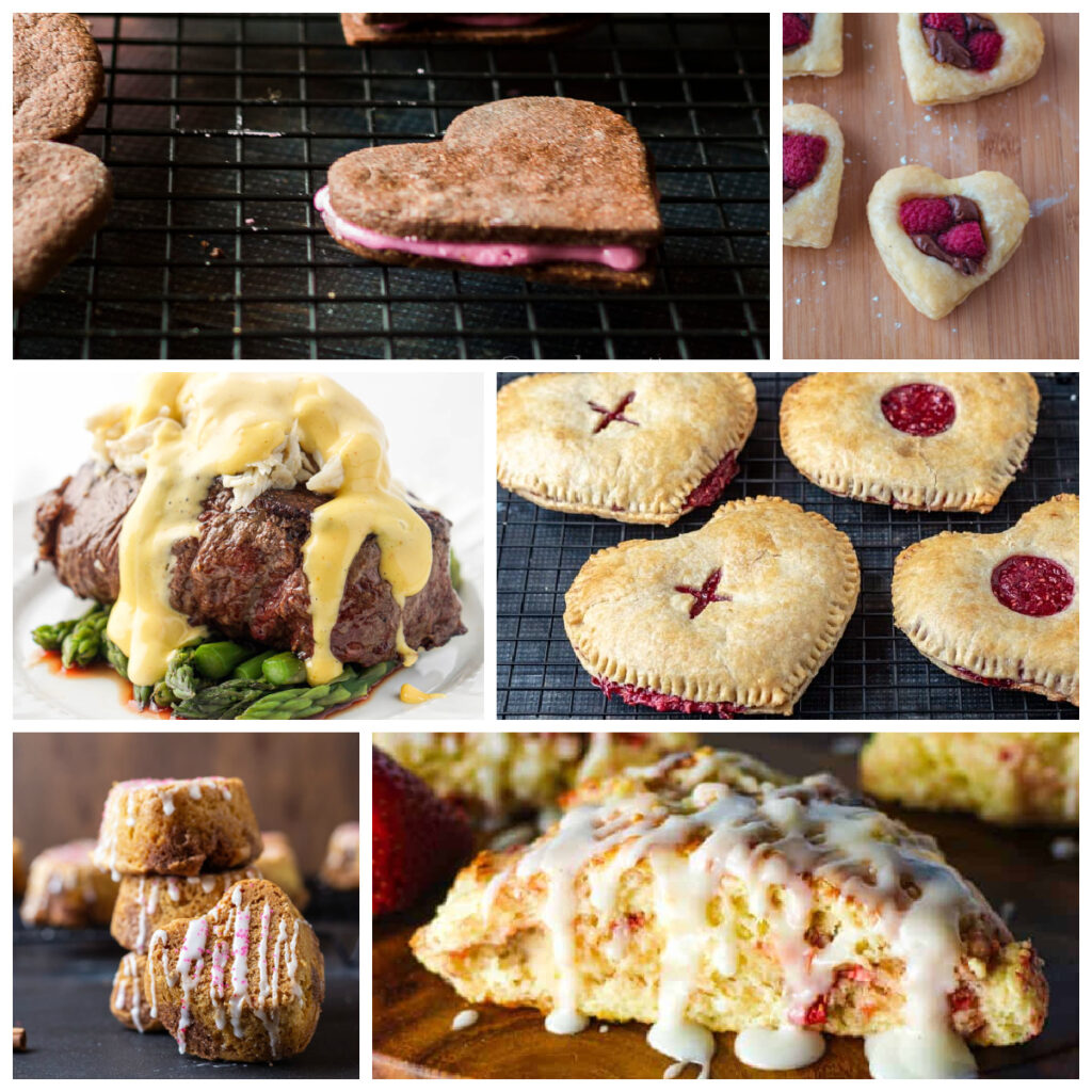 Collage of Valentine's Day Recipes including cookies, muffins, scones, pies and a steak dinner.
