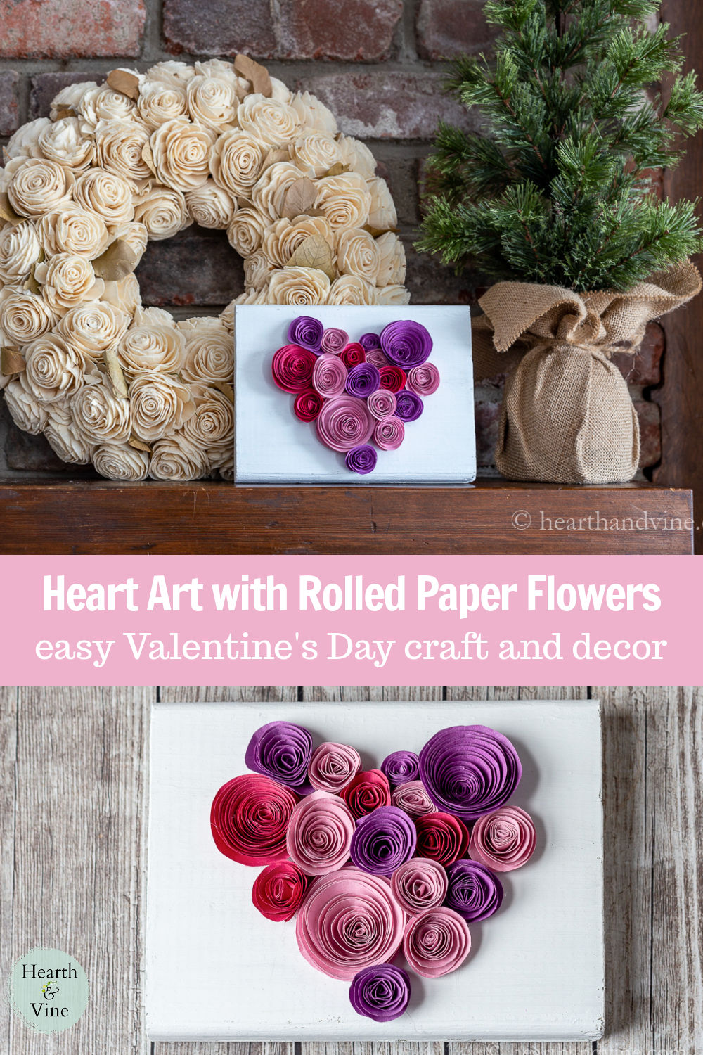 Rolled Paper Flowers Valentine's Day Wood Block Hearth and Vine