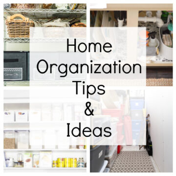 Collage of home organization for basements, pantries, closets and cabinets.