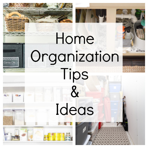 Collage of home organization images including an office, pantry, cabinet and basement with a text overlay stating Home Organization Tips and Ideas.