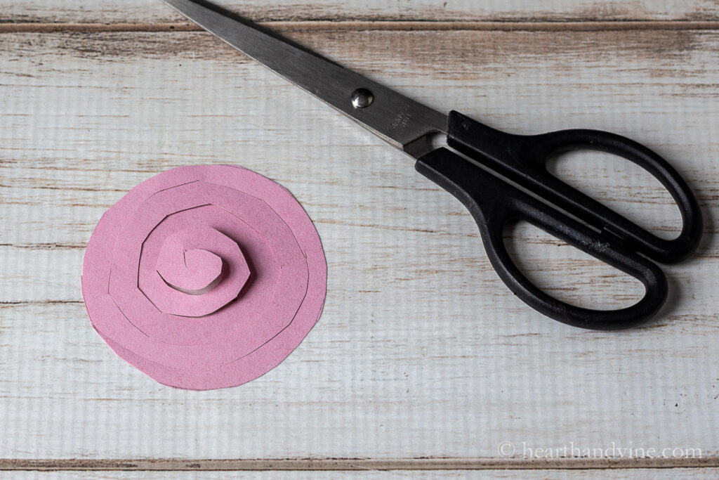 Spiral circle paper next to black scissors.