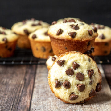 Grouping of chocolate chip muffins with one facing.