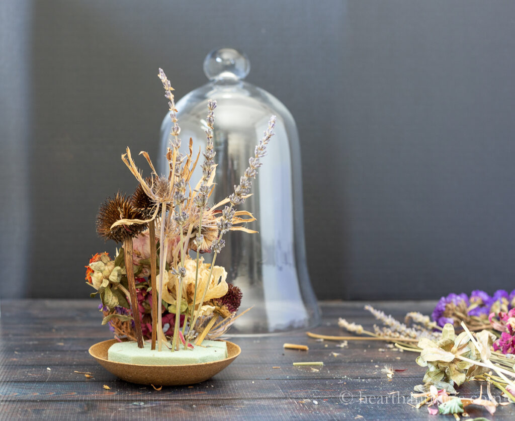 Dried flowers partially arranged in floral foam on a sauce with a glass cloche in the background.
