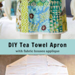Tea towel apron on a mannequin over apron flat on floor.