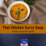 Thai chicken curry soup in a bowl over ingredients such as chicken broth, ginger, garlic, coconut milk an chicken.