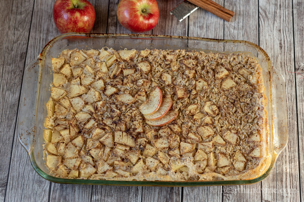 Apple pie baked oatmeal in a large glass baking pan.