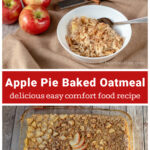 Bowl of apple pie oatmeal over an entire baking dish of the same bake oatmeal recipe.