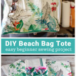 Tropical beach bag on a shoulder over a set of three printed tea towels