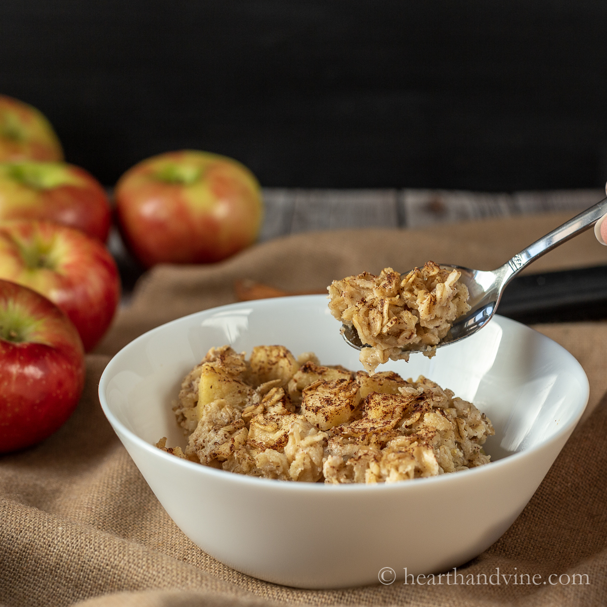 Bowl of apple pie baked oatmel with a spoon lifting a bite.