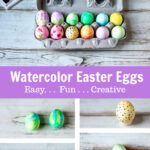 Carton of watercolor Easter eggs over four different Easter egg designs