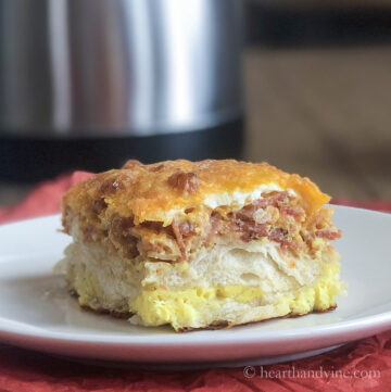 Single serving of breakfast casserole with bacon and biscuits