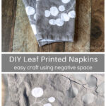 Gray and white leaf printed napkins over a leaf reveal.