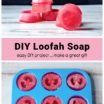 Stacks of loofah soaps over the soaps in a mold.