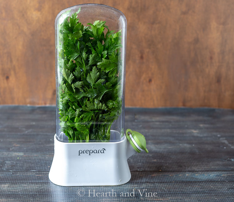 Refrigerator herb container with flat leaf parsley.