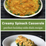 Entire spinach casserole in an oval dish over a single serving on a plate.