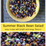 Bowl of black bean salad over a closeup of the same salad.